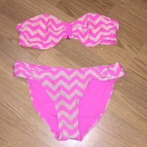 Hot pink and beige horizontal zig zag Bando bikini